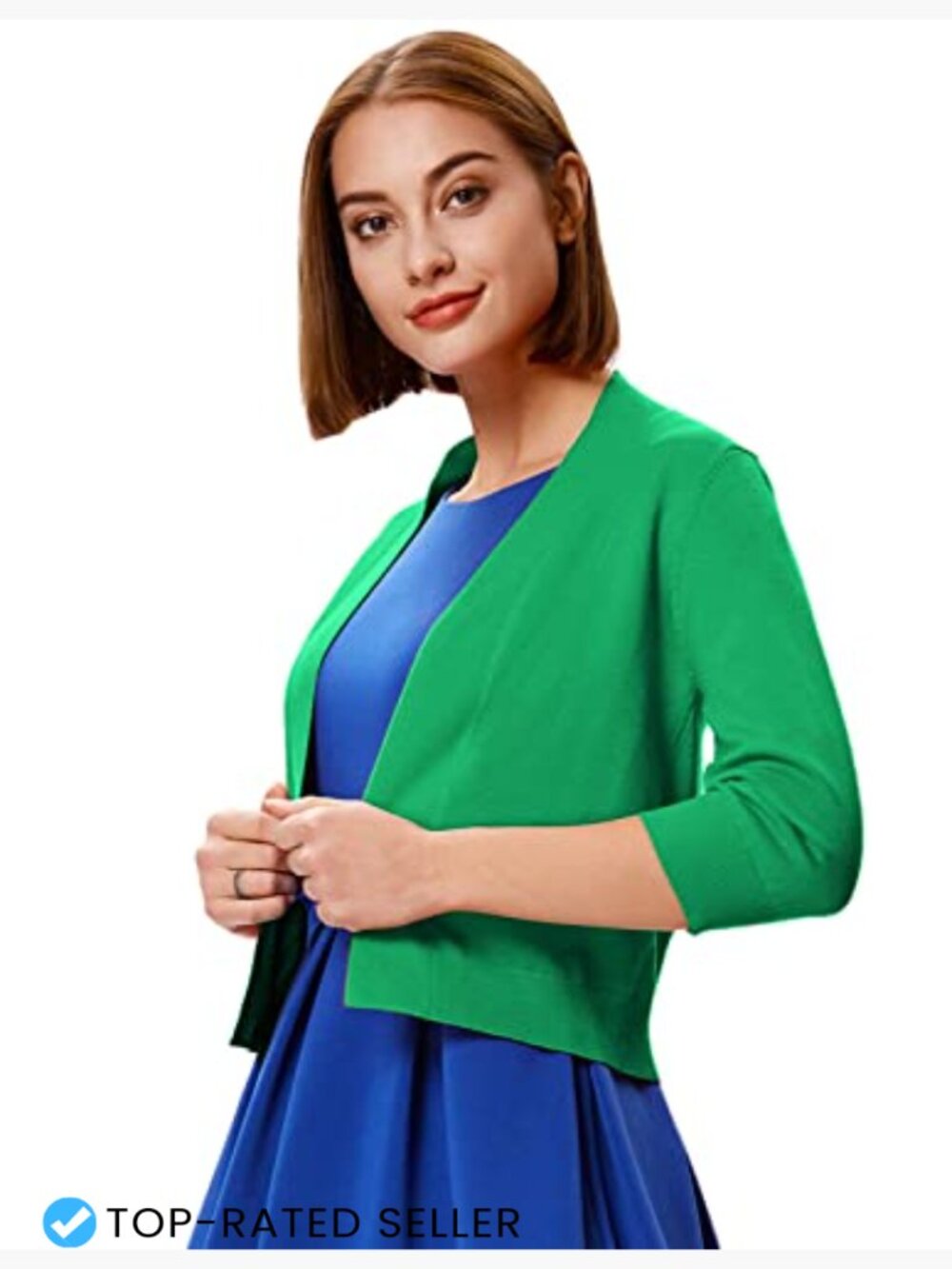 3/4 Sleeve Cropped Cardigan Knit Open Front Bolero Shrug Classic Slim Fit - Picture 4 of 7